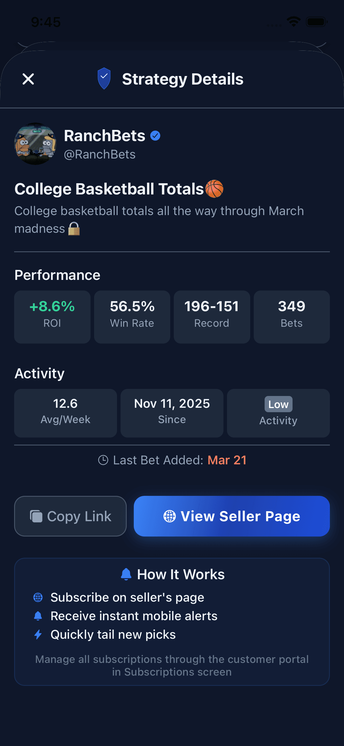 Strategy details modal showing performance metrics before subscription