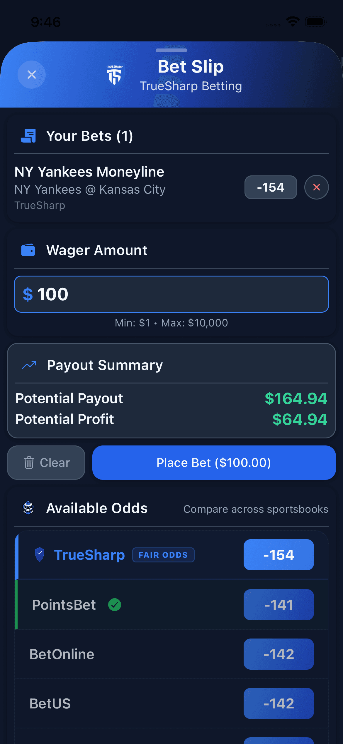 Mock sportsbook betting slip interface for risk-free testing