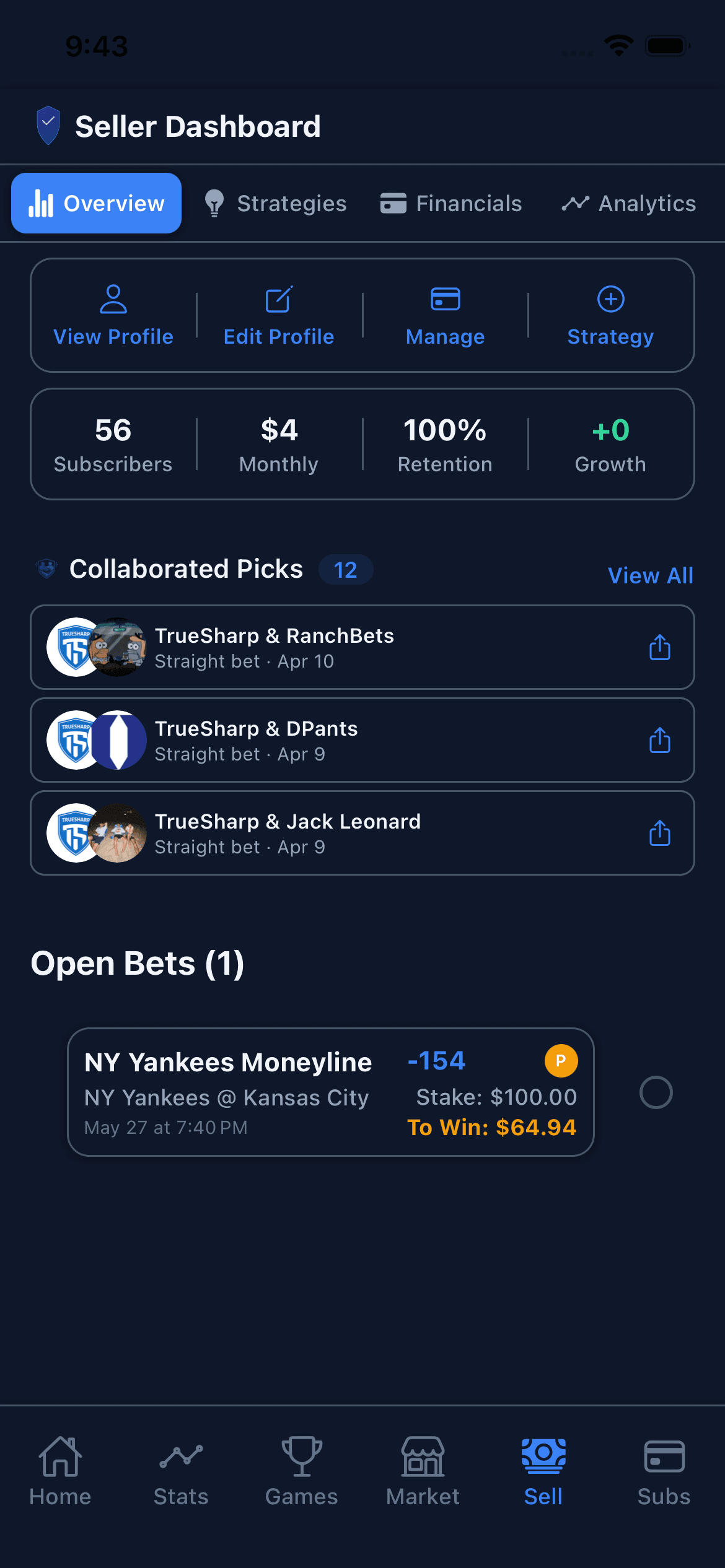 TrueSharp Seller Dashboard for monetizing betting strategies